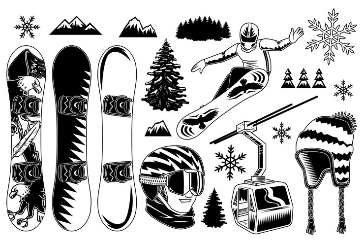 Vettore gratuito insieme di elementi di snowboard