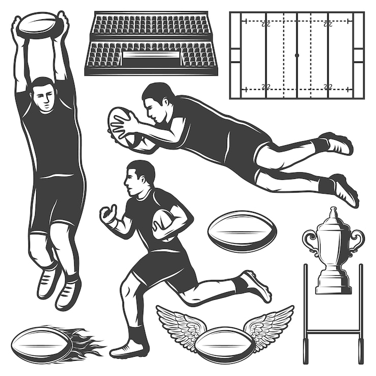Vettore gratuito insieme di elementi di sport di rugby vintage