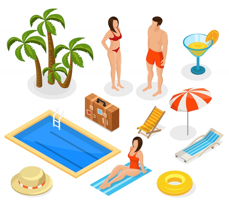 Vettore gratuito insieme di elementi di vacanza estiva isometrica