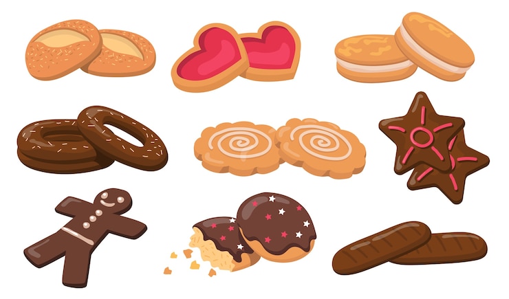 Vettore gratuito insieme di elementi piatti di biscotti e biscotti colorati. biscotti saporiti dolci rotondi freschi del fumetto per la raccolta dell'illustrazione di vettore isolata dessert. pasticceria e concetto di pasticceria