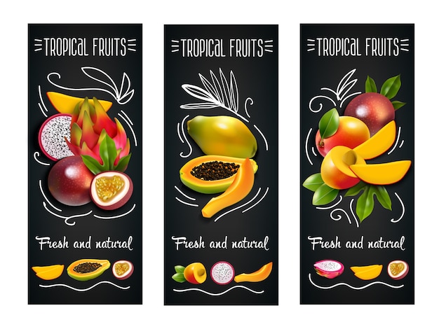 Insieme di etichette della lavagna di frutti tropicali