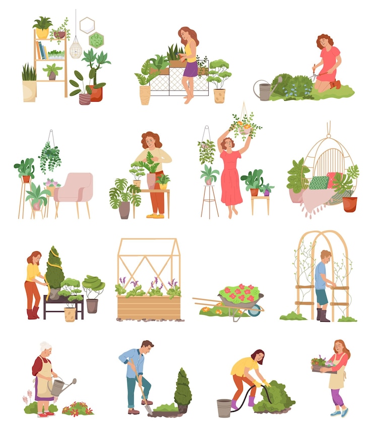 Vettore gratuito insieme di giardinaggio domestico con le composizioni piatte della gente di giardinaggio con i vasi di fiori delle piante sull'illustrazione in bianco di vettore del fondo