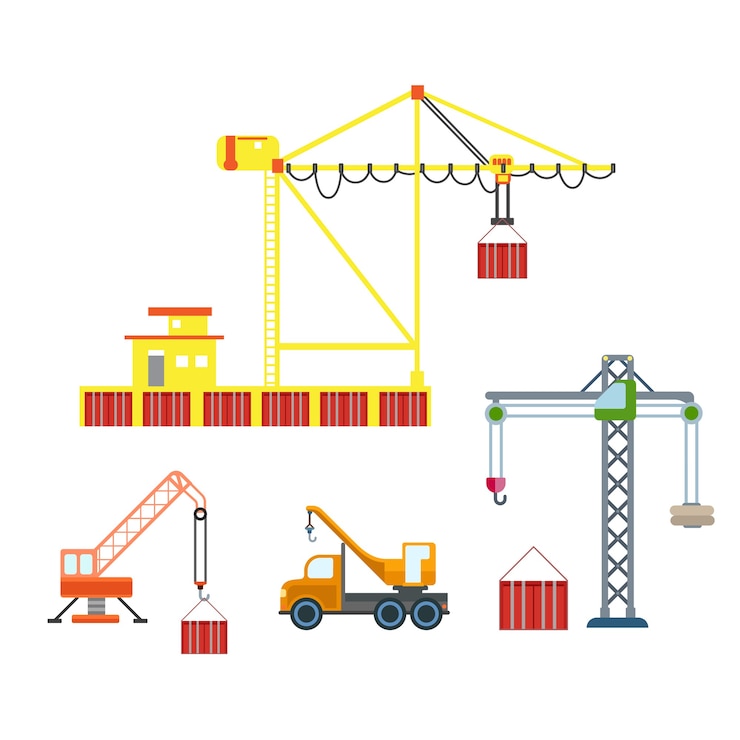 Vettore gratuito insieme di trasporto della logistica della scatola del contenitore del porto marittimo della costruzione della gru della città piatta. costruisci la tua collezione mondiale.
