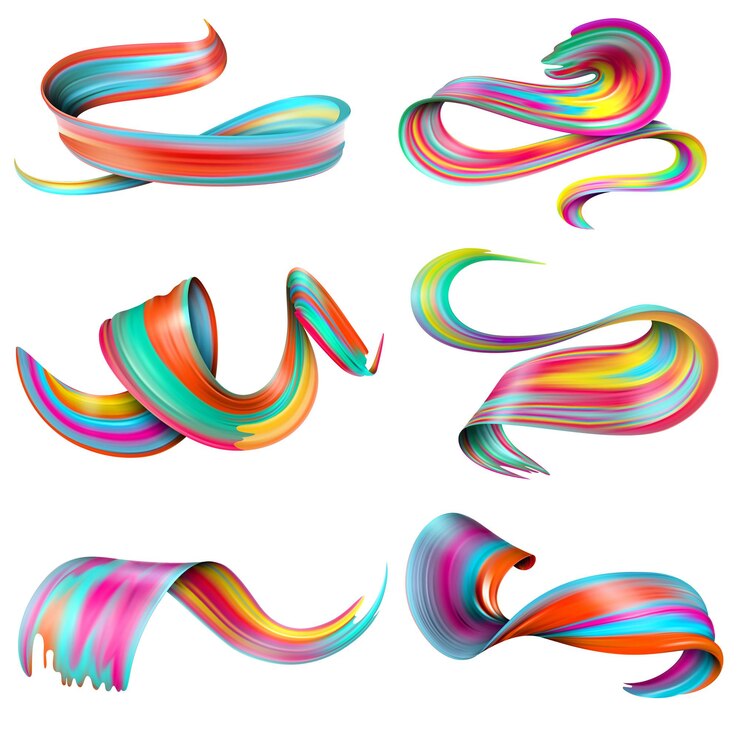 Vettore gratuito insieme di tratti di pennello contorti colorati realistici di colori ad olio o acrilici isolati