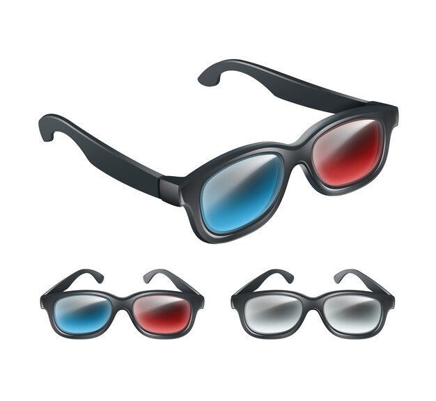 Insieme di vettore degli occhiali 3d di plastica nera in prospettiva isolata su fondo grigio