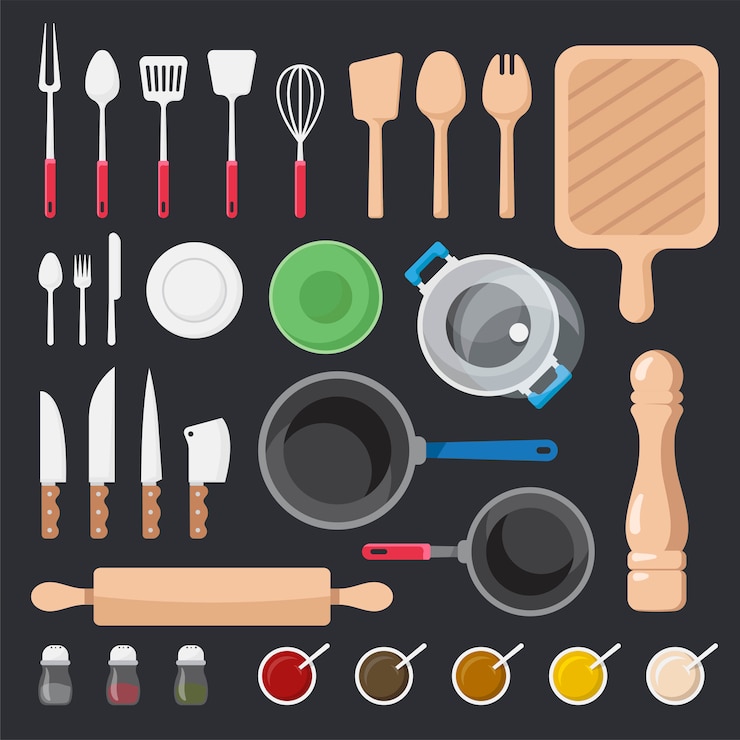 Vettore gratuito insieme di vettore degli utensili e degli ingredienti della cucina