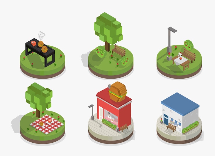 Vettore gratuito insieme di vettore dei modelli pixelated del parco e della città