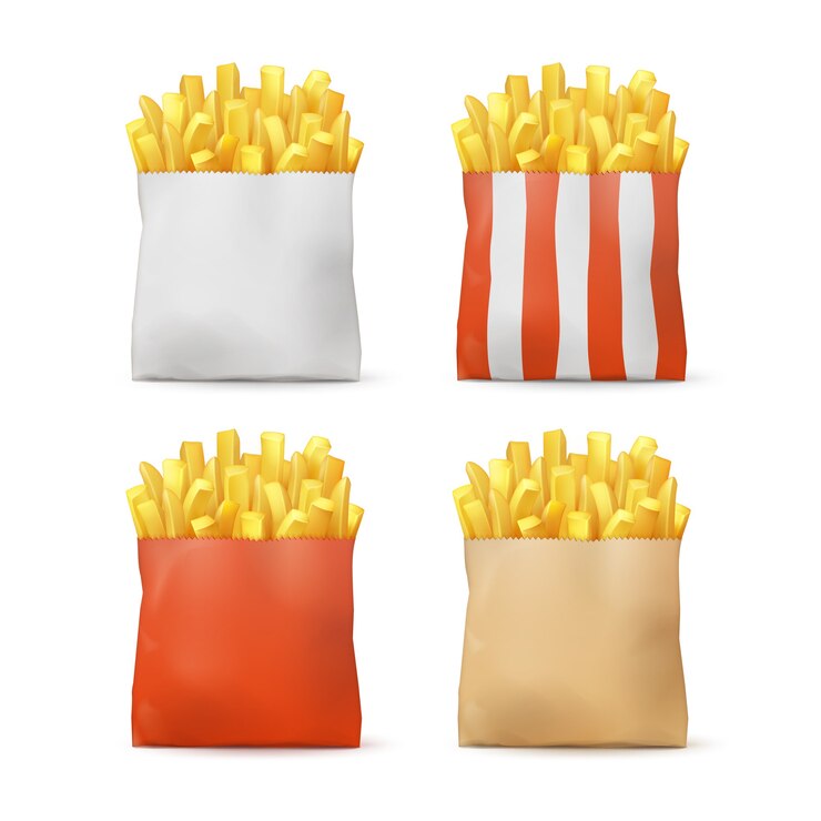 Vettore gratuito insieme di vettore delle patate fritte in sacchetti di pacchetto di carta artigianale a strisce bianche rosse isolato su priorità bassa. fast food