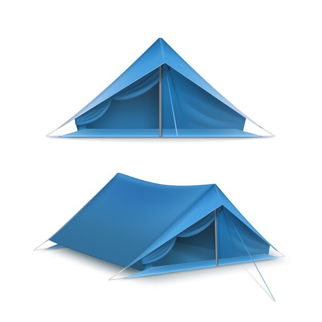 Insieme di vettore delle tende turistiche blu per viaggi e campeggio isolato su priorità bassa bianca