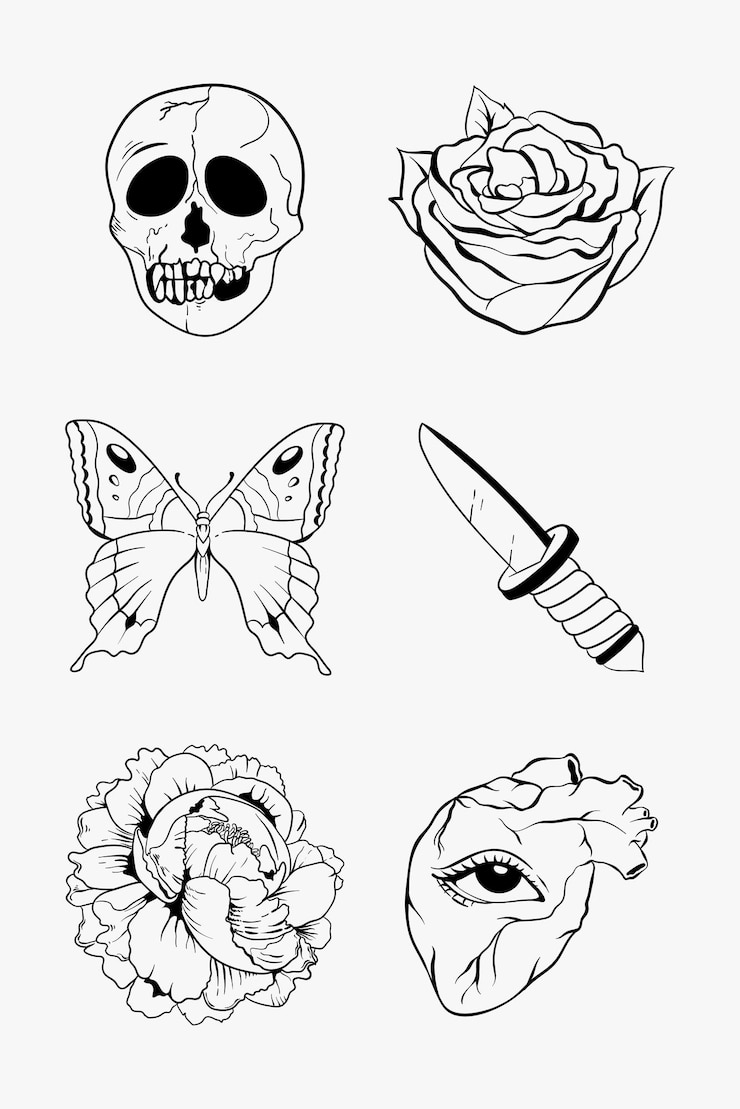 Vettore gratuito insieme di vettore di disegno del tatuaggio del flash della vecchia scuola in bianco e nero di profilo