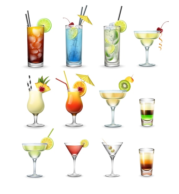 Insieme di vettore di popolari cocktail e scatti Cuba Libre, Blue Lagoon, Mojito, Margarita, Pina Colada, Tequila Sunrise, Cosmopolitan, Martini isolato su priorità bassa bianca