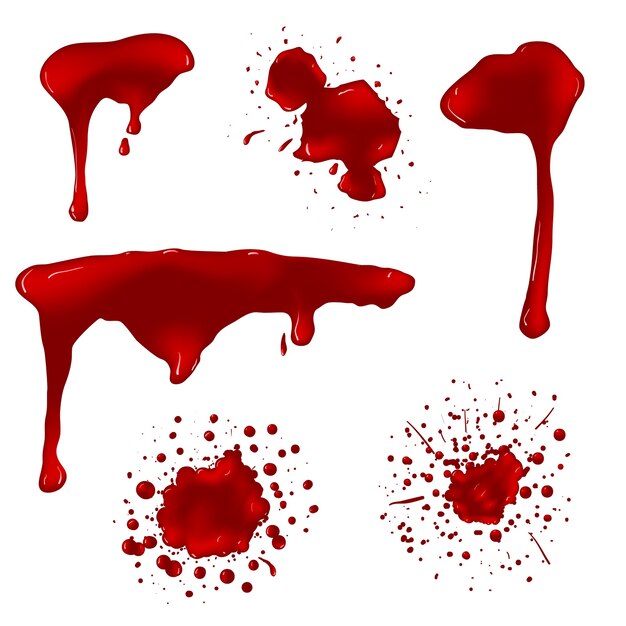 Insieme di vettore di schizzi di sangue realistico. Spruzzi di liquido, inchiostro macchia, spot e illustrazione della macchia