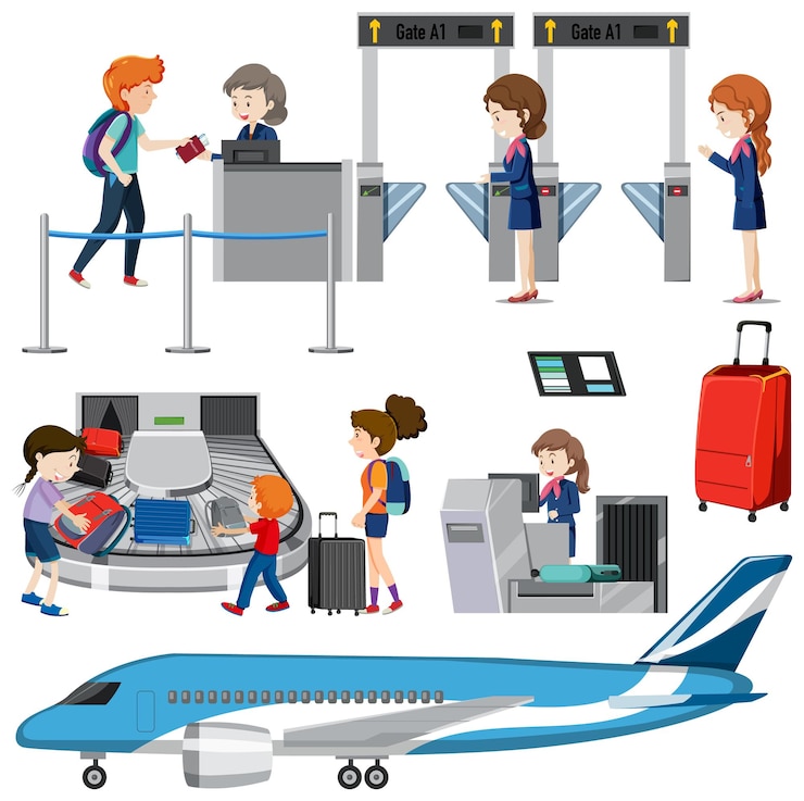 Vettore gratuito insieme di vettori di elementi e persone dell'aeroporto