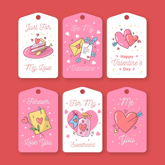 Insieme disegnato a mano sveglio dell'etichetta / distintivo di San Valentino