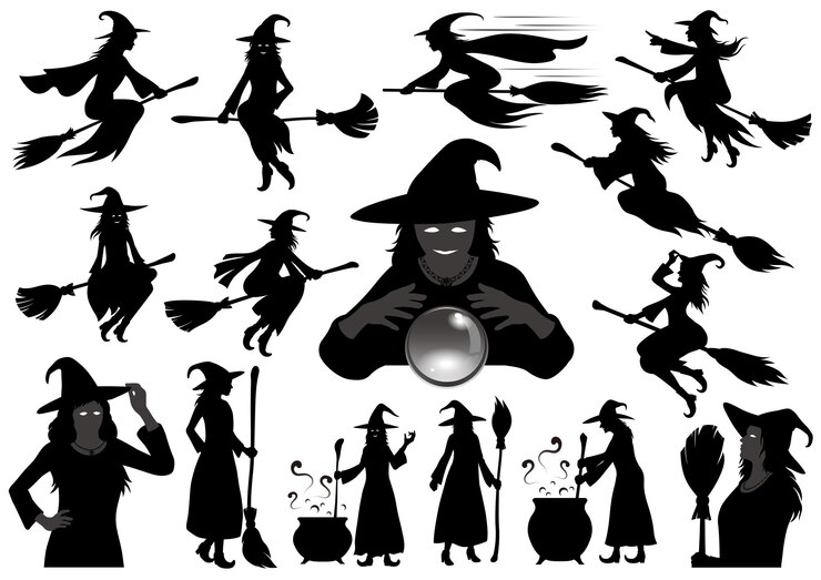 Vettore gratuito insieme felice dell'illustrazione della siluetta di vettore della strega di halloween isolata su una priorità bassa bianca.