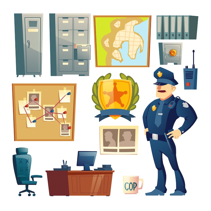 Vettore gratuito insieme interno di vettore del fumetto dell'elemento della stazione di polizia