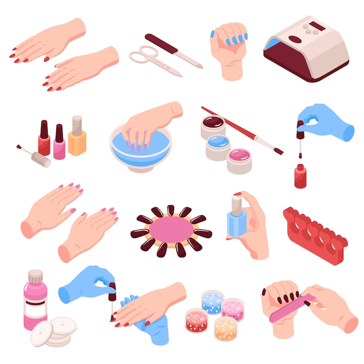 Vettore gratuito insieme isometrico del manicure delle mani femminili e dei vari accessori del manicure compreso l'illustrazione di vettore isolata dello smalto delle pinzette della lima per unghie delle forbici