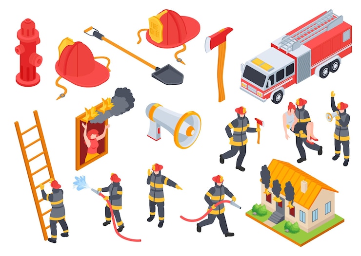 Vettore gratuito insieme isometrico del pompiere delle icone isolate con i membri dell'equipaggio dei vigili del fuoco dell'attrezzatura e l'illustrazione di vettore della casa in fiamme