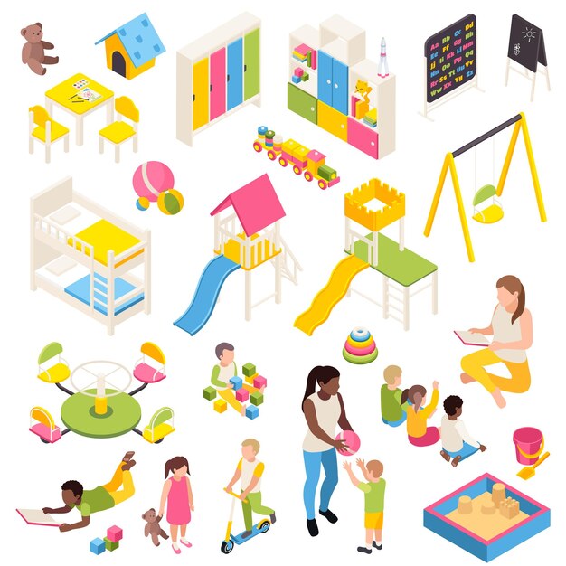Insieme isometrico dell'asilo di personaggi isolati di bambini e giocattoli con mobili per attrezzature da gioco e lavagne illustrazione vettoriale