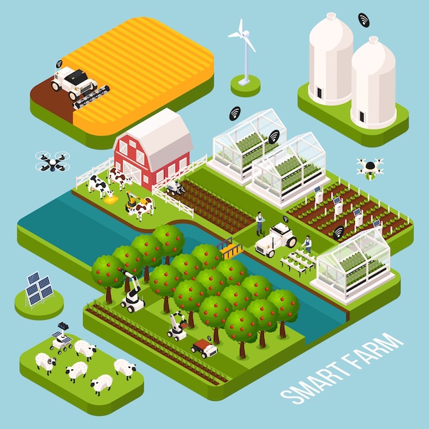 Insieme isometrico dell'azienda agricola astuta con il fabbricato agricolo di agricoltura, illustrazione isolata isometrica di vettore