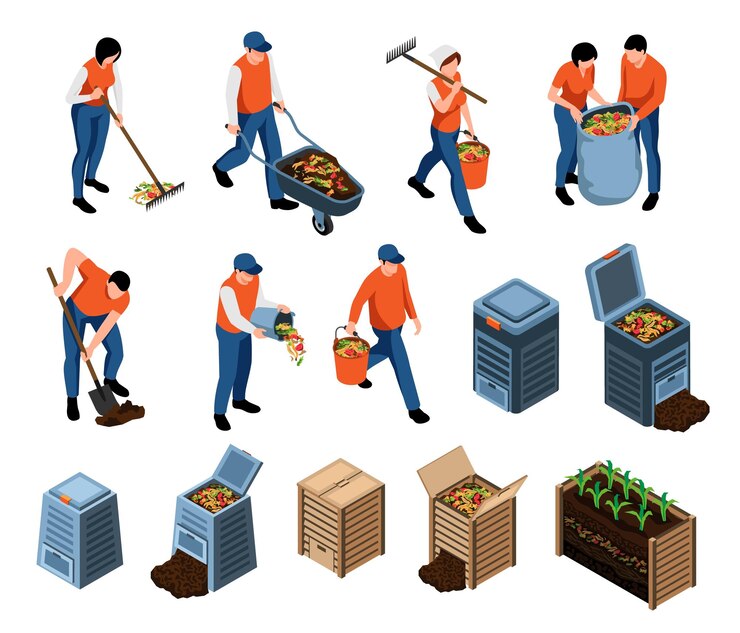 Vettore gratuito insieme isometrico di persone che producono e utilizzano il compost 3d illustrazione vettoriale isolata