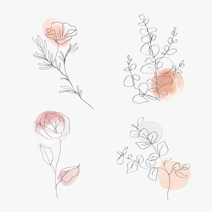 Vettore gratuito insieme minimo dell'illustrazione dell'acquerello botanico di vettore di linea di fiori di arte