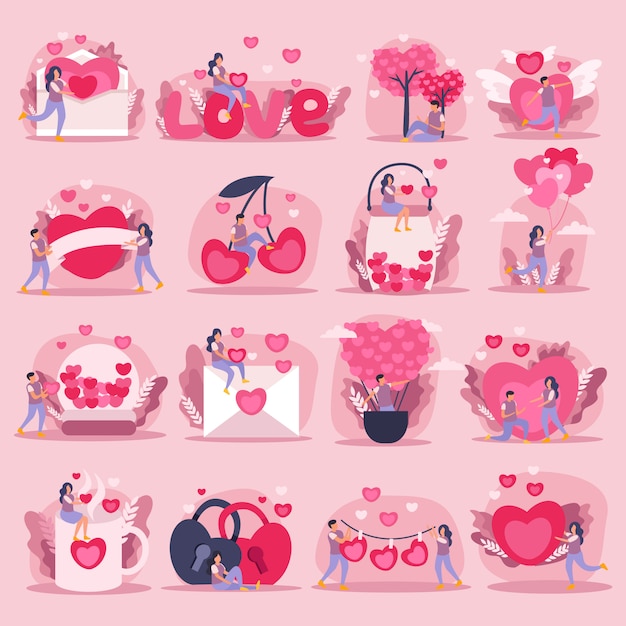 Insieme o autoadesivi rosa piano dell'icona delle coppie di amore con i piccoli e grandi simboli dei cuori delle sensibilità e dell'illustrazione romantica delle coppie
