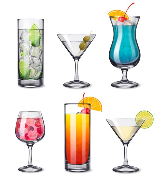 Insieme realistico dei cocktail delle bevande dell'alcool con le immagini isolate di vista frontale dei bicchieri da cocktail sull'illustrazione in bianco di vettore del fondo