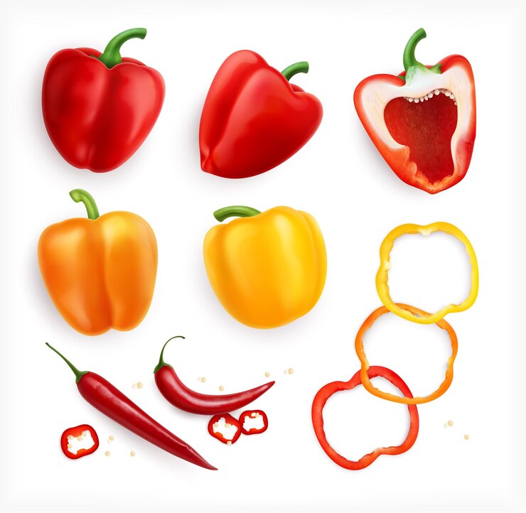 Vettore gratuito insieme realistico del pepe con le icone isolate dei frutti del peperone rosso e giallo con l'illustrazione di vettore delle fette a forma di anello