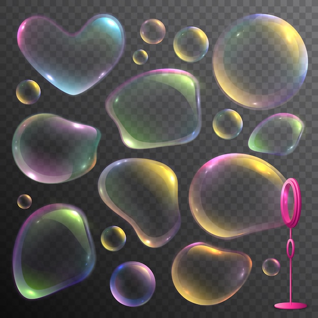Insieme realistico di bolle di sapone deforme colorate isolate su trasparente