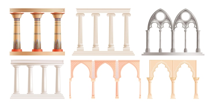 Vettore gratuito insieme realistico di colonne e archi in pietra greca romana orientale isolati su sfondo bianco illustrazione vettoriale