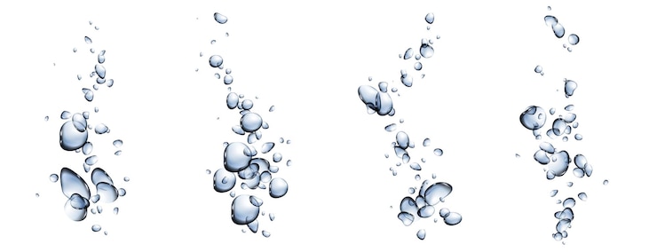 Vettore gratuito insieme realistico di spruzzi di bolle sott'acqua isolato su sfondo trasparente illustrazione vettoriale di bevanda gassata texture detersivo per bucato effetto gocce d'aria acqua bollente bevanda effervescente