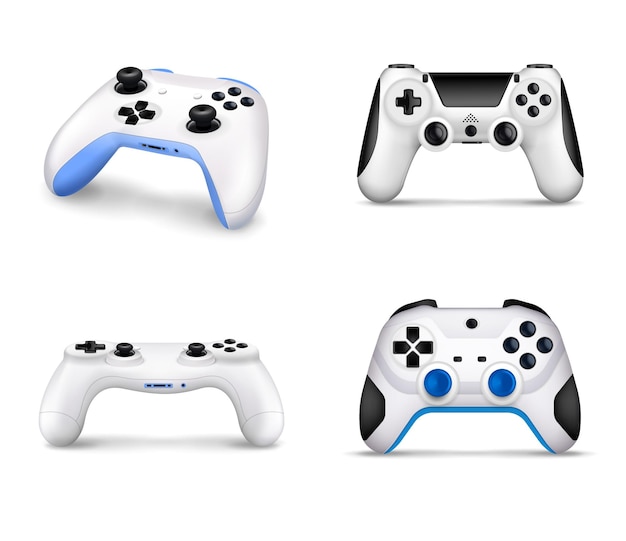 Insieme realistico di vari modelli di controller per console per videogiochi su sfondo bianco isolato illustrazione vettoriale