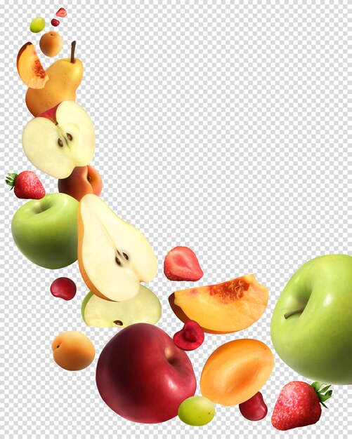 Insieme trasparente realistico di caduta di frutta