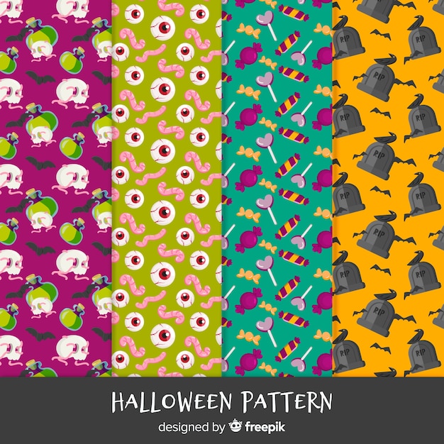 Insieme variopinto dei modelli di Halloween con design piatto