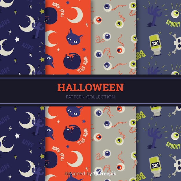 Insieme variopinto dei modelli di Halloween con design piatto