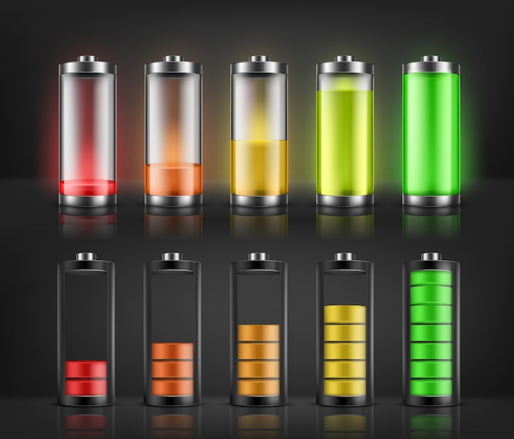Vettore gratuito insieme vettoriale di indicatori di carica della batteria con livelli di energia bassi e alti isolati su sfondo. pieno