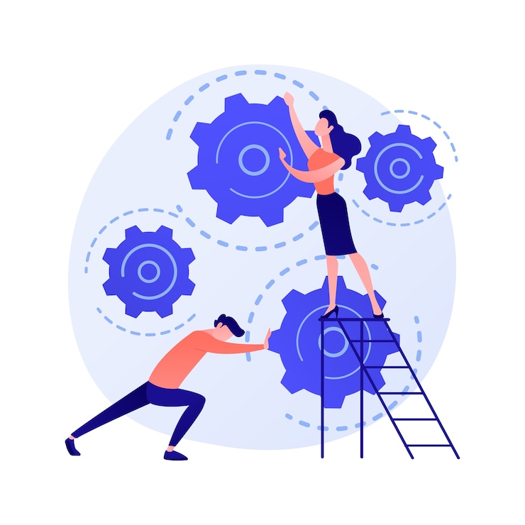 Vettore gratuito installazione software. adeguamento del contratto, regolamento dei termini del contratto, correzione del programma. collaboratori che tengono il personaggio dei cartoni animati di ingranaggi. bug dell'applicazione.
