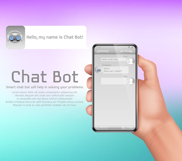 Intelligenza artificiale, sfondo del concetto di chatbot online. Mano umana che tiene smartphone