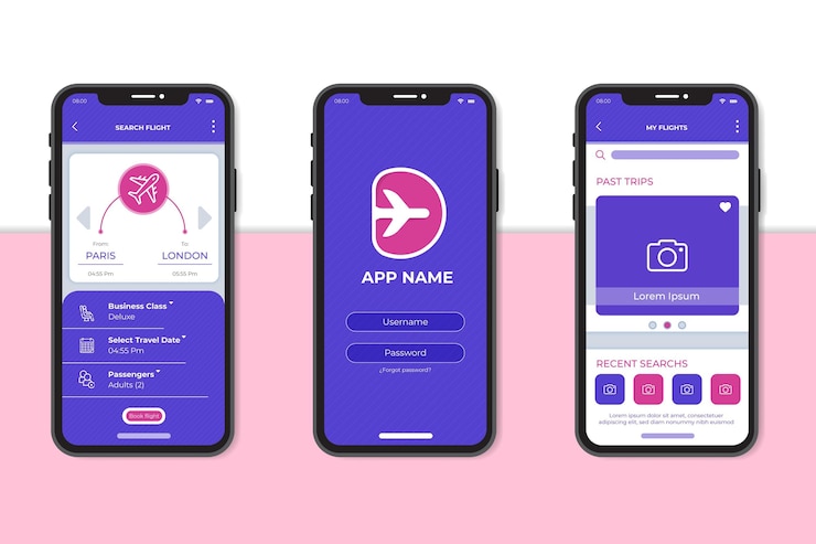 Vettore gratuito interfaccia dell'app di prenotazione viaggi minimalista