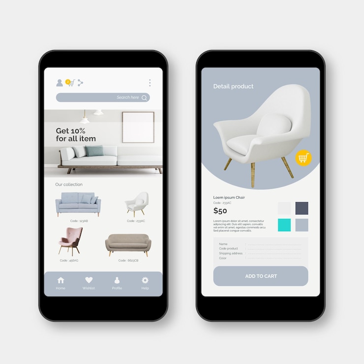 Vettore gratuito interfaccia dell'app per lo shopping di mobili