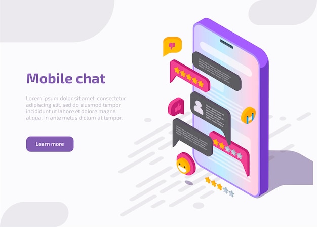 Interfaccia dell'applicazione di chat mobile sullo schermo dello smartphone con messaggio, emoji, fumetti nella finestra di dialogo.
