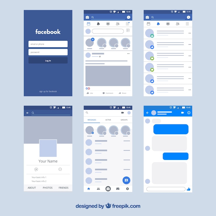Vettore gratuito interfaccia per app facebook dal design minimalista