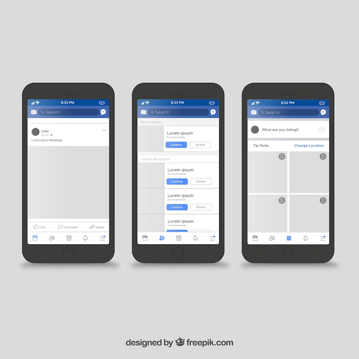 Vettore gratuito interfaccia per app facebook dal design minimalista