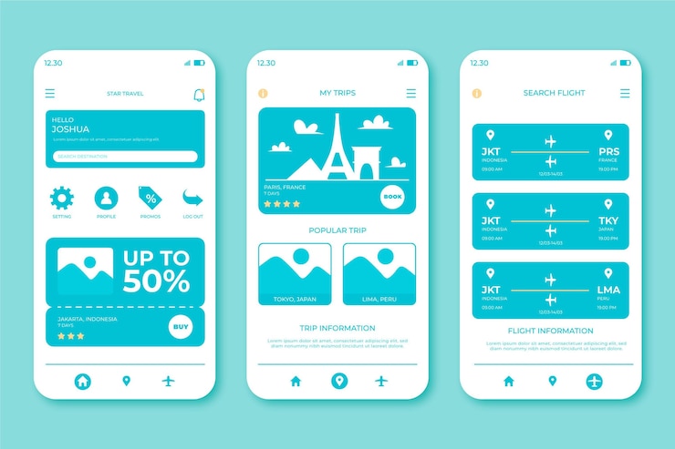 Vettore gratuito interfaccia per l'applicazione di prenotazione del viaggio
