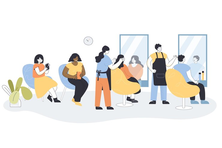 Vettore gratuito interiore del barbiere con parrucchieri e clienti. uomo e donna seduti su sedie, persone in attesa in coda illustrazione vettoriale piatta. bellezza, concetto di occupazione per banner o pagina web di destinazione