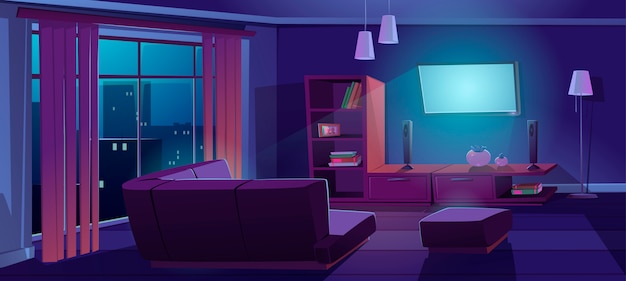 Interiore del soggiorno con tv, divano durante la notte