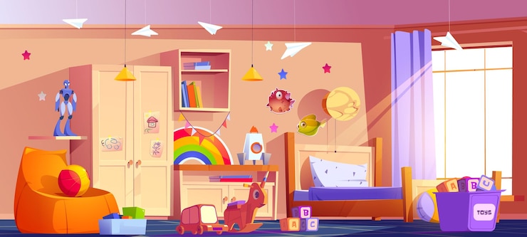 Vettore gratuito interiore della camera da letto del bambino con il letto per il vettore del bambino del ragazzo