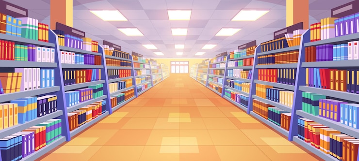 Vettore gratuito interiore della navata della libreria con l'illustrazione dello scaffale
