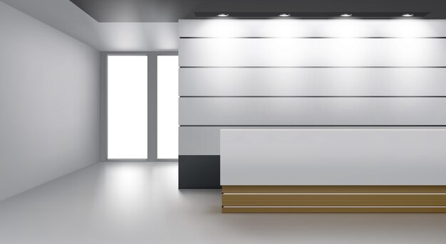 Interiore della reception con scrivania moderna, illuminazione della lampada sul soffitto e porta in vetro